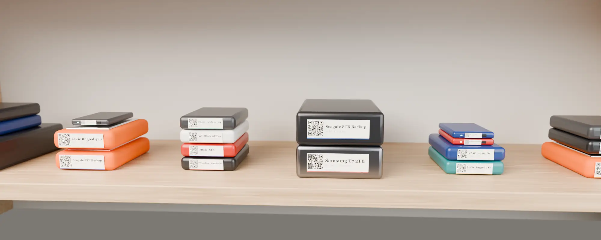 A shelf of drives with printed labels